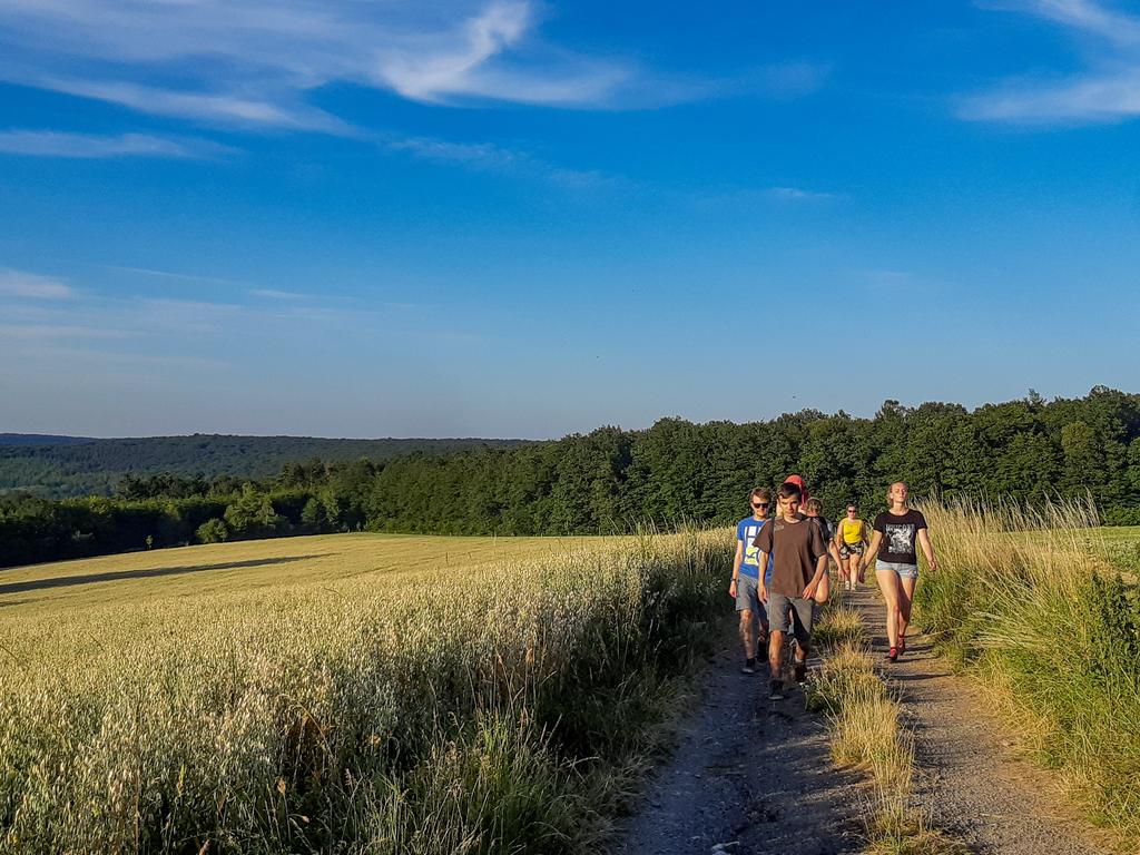 Een vijftal jongeren lopen bij valavond over een veldweg tussen graanvelden door met een verzicht op de achtegrond.