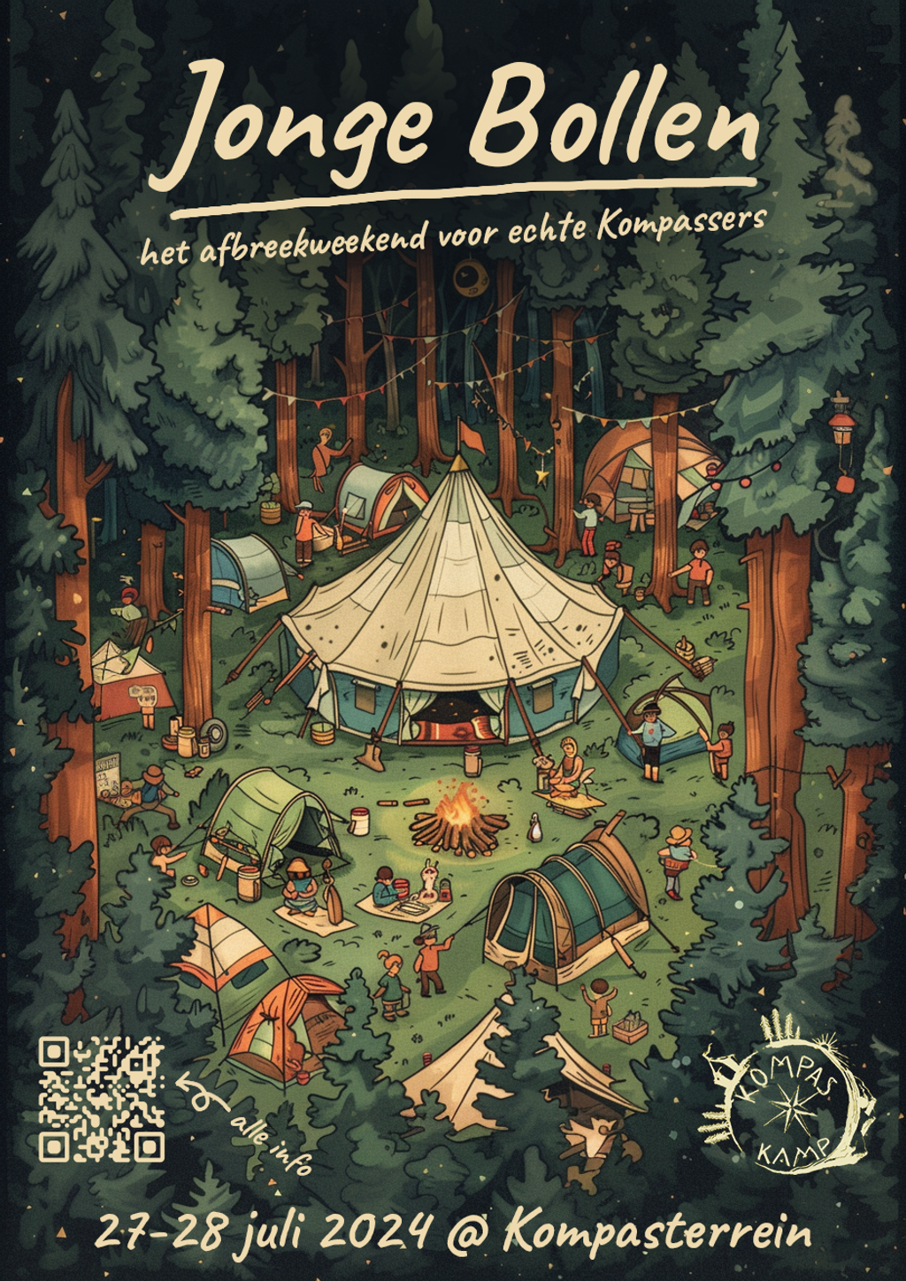 Een poster voor Jonge Bollen 2024, met een tekening van een grote witte tent met daarrond kleinere tenten. Mensen zijn druk in de weer en er is een kampvuur. Gemaakt met AI.